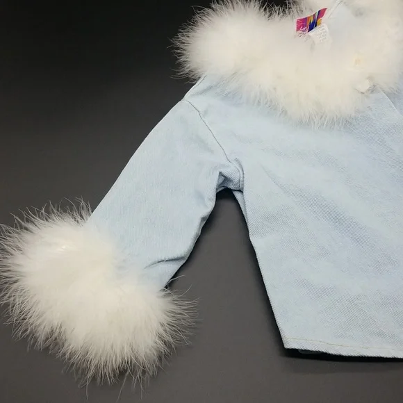 Princess Kids USA 12 Month Light Blue Denim Jean Jacket with White Faux Feathers - Picture 2 of 7